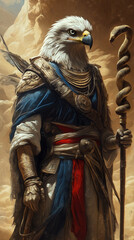 Eagle in Ancient Egyptian Robes Holding Serpent-Coiled Staff with Another Eagle on Its Hand in Desert Winds