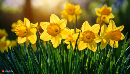 Obraz premium yellow daffodils in spring, daffodils in the garden, Daffodils shining in the sun