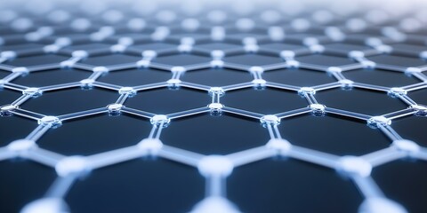 Fototapeta premium A close-up view of a hexagonal lattice structure, representing graphene at the atomic level. Concept Graphene Structure, Atomic Level Detail, Hexagonal Lattice, Close-up Visualization