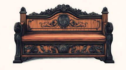 Ornate wooden bench with carved details and a dark frame.