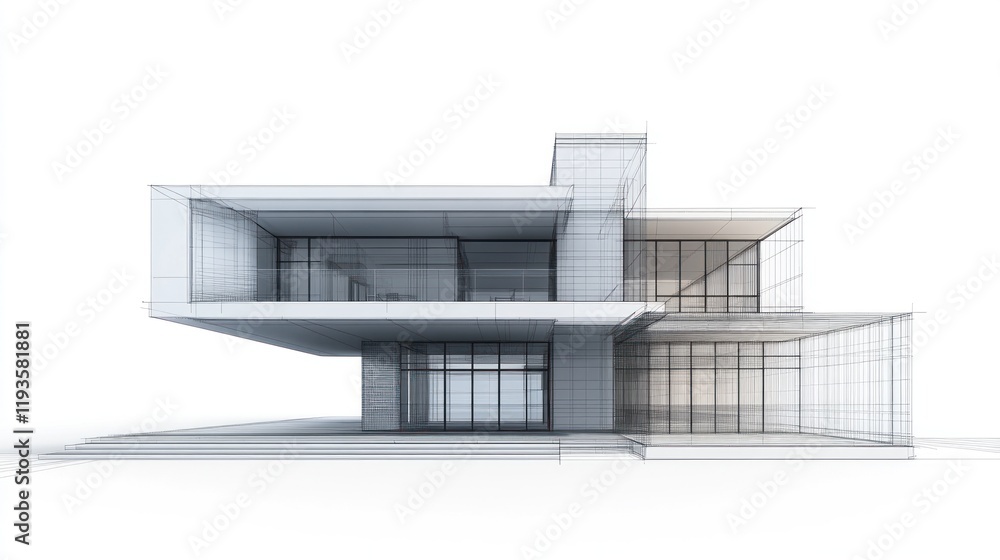 Poster modern architectural house design wireframe 3d model rendering sketch blueprint