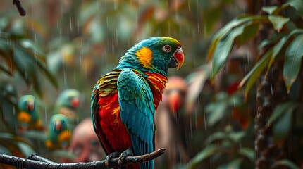 Obraz premium A parrot with bright blue, green, yellow, and red plumage perched on a branch