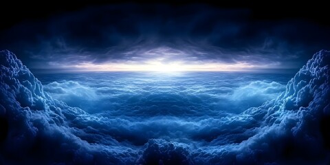 Fototapeta premium A dramatic view of a cloudy sky at sunrise, with layers of clouds illuminated by soft, diffused light reflecting the ocean below. Concept Dramatic Sunrise Views, Cloud Layers, Soft Diffused Light