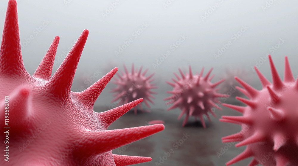 Poster red neuron-like structures with intricate spikes, representing neural connections and scientific con