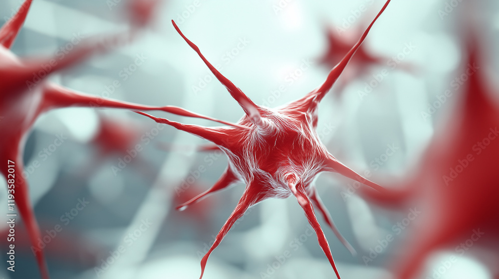Poster red neuron-like structures with intricate spikes, representing neural connections and scientific con
