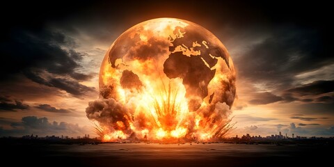 An explosive event causing a fiery detonation by the Earth, with intense flames and smoke against a darkening sky. Concept Fiery Detonation, Explosive Event, Intense Flames, Darkening Sky