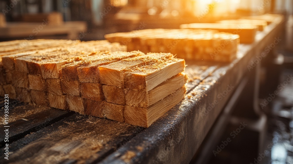 Poster stacks of freshly cut lumber on a workshop table with soft sunlight streaming through, highlighting 