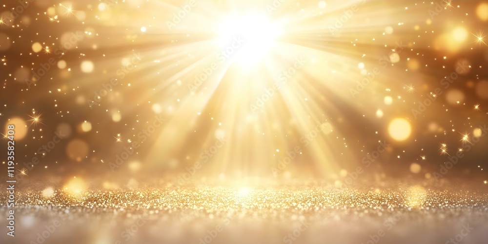 Poster a radiant burst of light with shimmering golden particles creating a magical, sparkling effect. conc