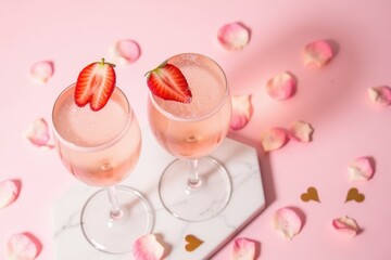 Elegant Champagne Cocktails Decorated with Fresh Strawberries Surrounded by Rose Petals and Hearts on a Soft Pink Background for Romantic Celebrations