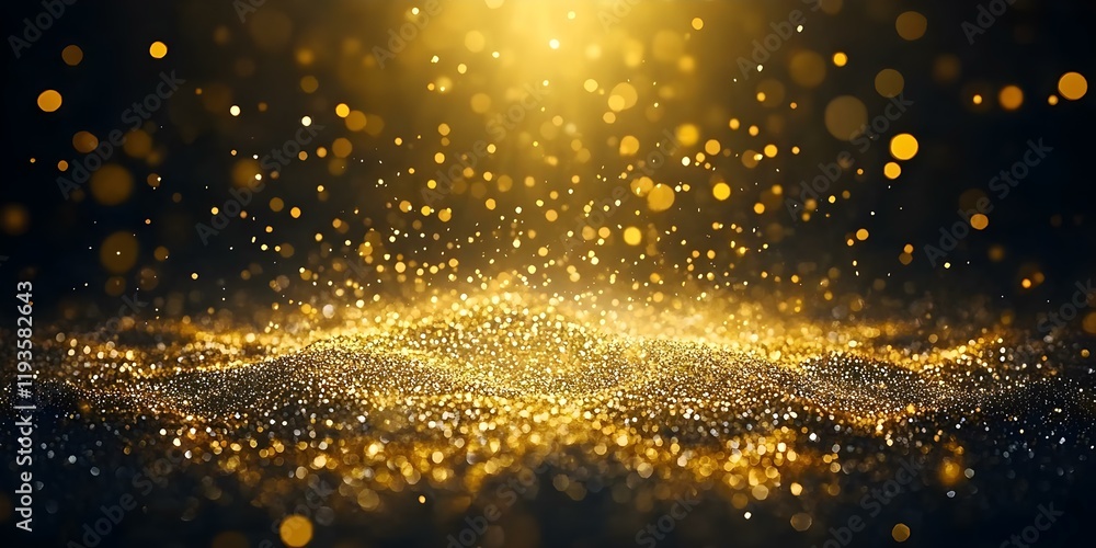Poster a shimmering golden surface with sparkling particles and light reflections, creating a dreamy, lumin