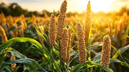 Golden millet field at sunset with vibrant sunlight illuminating the crops and landscape