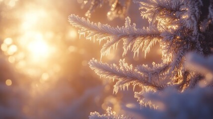 Frosty pine branches glistening in the warm glow of the winter sunlight