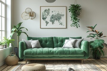 Stylish scandinavian living room interior with design mint sofa, furnitures, mock up poster map, plants, and elegant personal accessories. Home decor. Interior design. Template. Ready to use