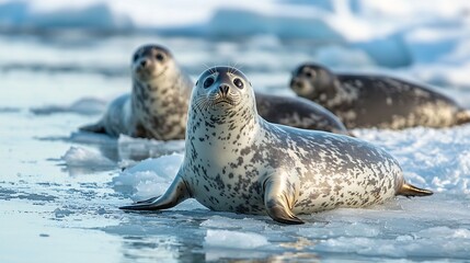 Obraz premium Seals resting on ice floes in arctic environment. Possible use Stock photography