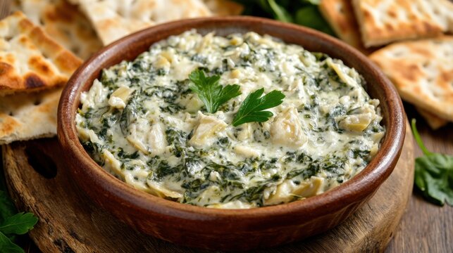 Close-up of rice and spinach and artichoke dip with pita bread in a ceramic dish, emphasizing creamy and savory nature. Ideal for appetizers and party snacks.