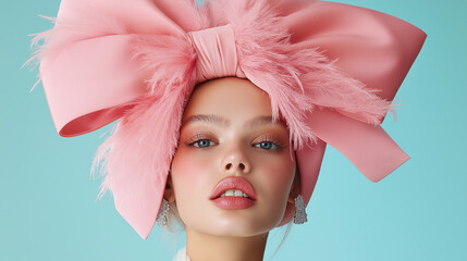 Fashion woman wearing an oversized pink bow on her head