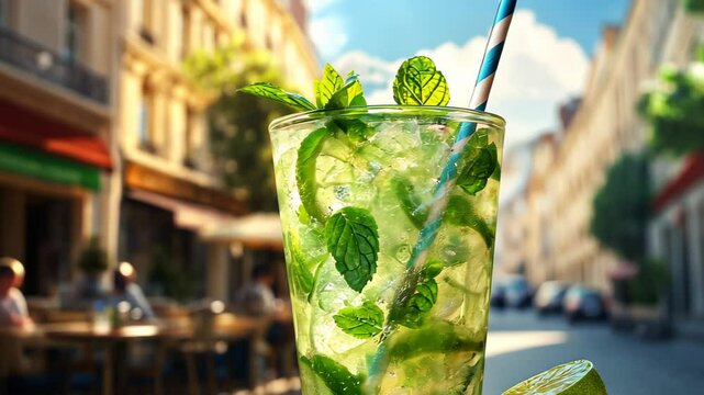 A refreshing mojito with mint leaves and lime, set in a sunny outdoor caf?.