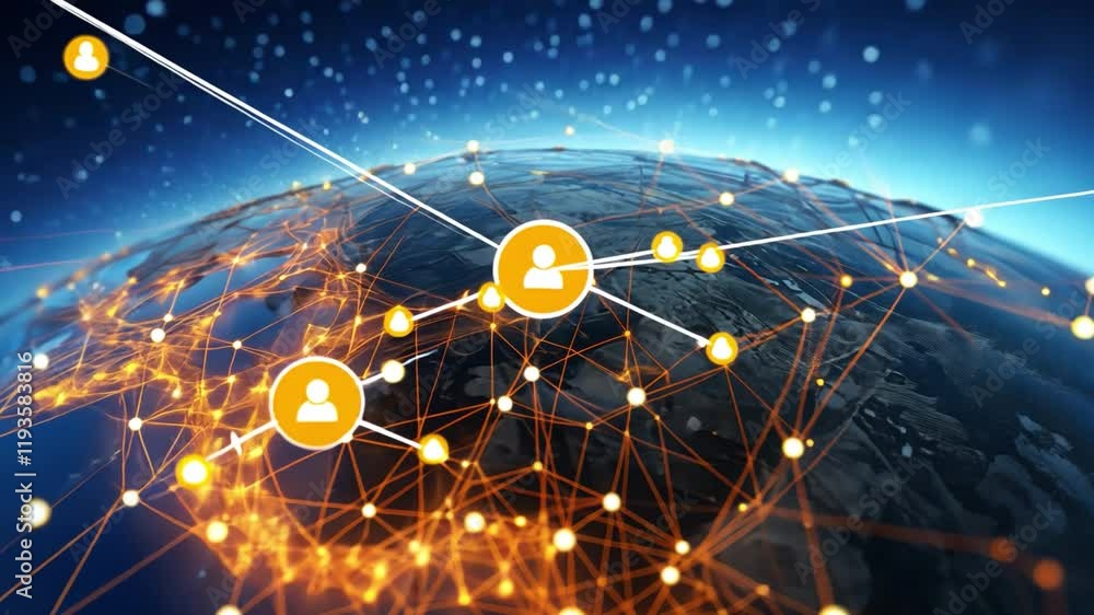 Poster Global Network Connection: A stunning, futuristic depiction of a global network connecting individuals across the world, symbolized by glowing nodes and lines over a detailed earth.