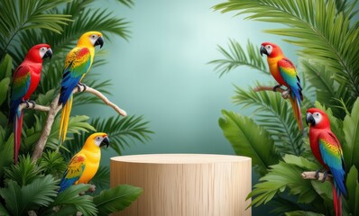 Colorful parrots perched in lush greenery