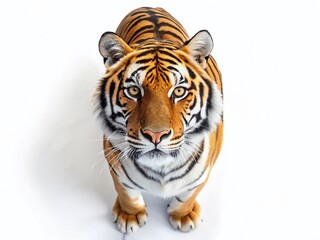 Obraz premium Majestic Bengal Tiger Isolated on Pure White Background - Drone Aerial View