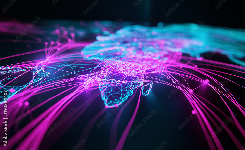 Poster a digital world map with glowing blue and pink lines representing global connections and network tec