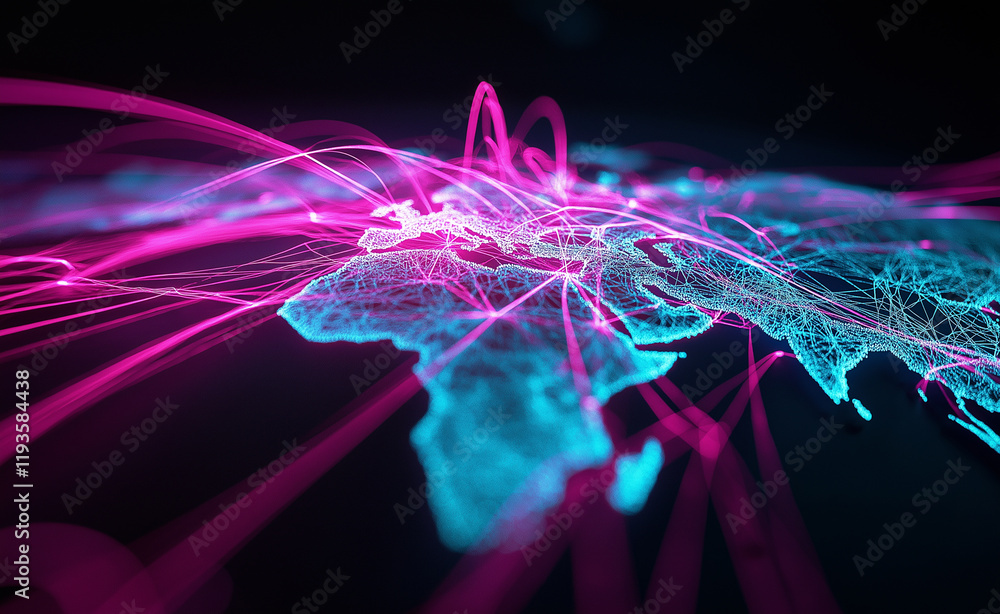 Poster a digital world map with glowing blue and pink lines representing global connections and network tec