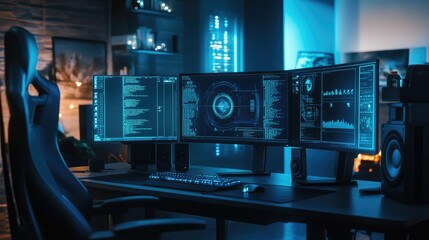 High-tech computing setup with advanced processors, holographic displays, and neon-blue data streams