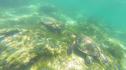Obraz premium Underwater sea turtles grazing on seagrass bed