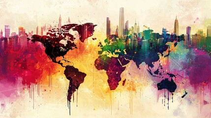 Colorful world map with city skylines.