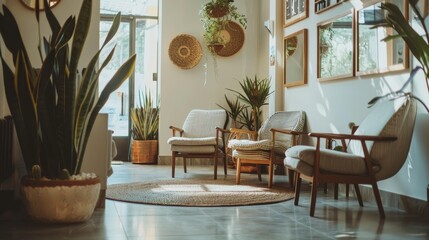 A cozy interior space featuring plants, comfortable chairs, and decorative elements.