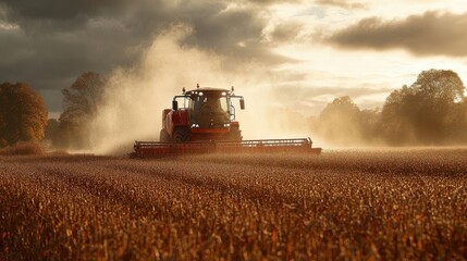 Obraz premium Agricultural Machine Working in Golden Light Over Fields at Dusk, Creating Dust Clouds in Rural Landscape of Autumn Season with Warm Skies and Agriculture Elements