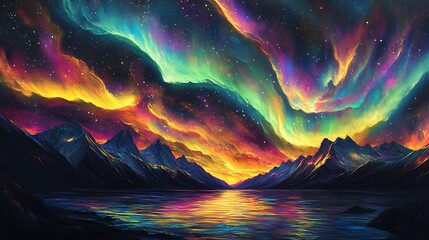 Obraz premium Vibrant Aurora Borealis Over Majestic Mountains and Calm Lake