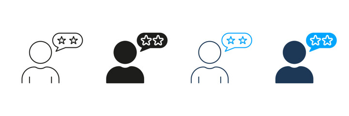 Customer Review Line and Silhouette Icon Set. User Feedback Pictogram. Consumer Rating. Person With Stars Symbol. Best Quality Service Sign. Editable Stroke. Isolated Vector Illustration