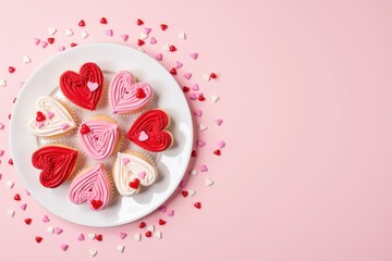 Beautiful Heart-Shaped Cupcakes Arranged in a Circular Pattern on a Plate Surrounded by Colorful Heart Sprinkles on a Soft Pink Background