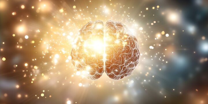 A glowing brain surrounded by a burst of light and particles, symbolizing creativity and mental activity. Concept Glowing Brain Visualization, Creativity Symbolism, Mental Activity