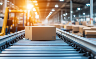 A cardboard box on a conveyor belt in a large, bright warehouse with industrial equipment, symbolizing logistics and automation.
