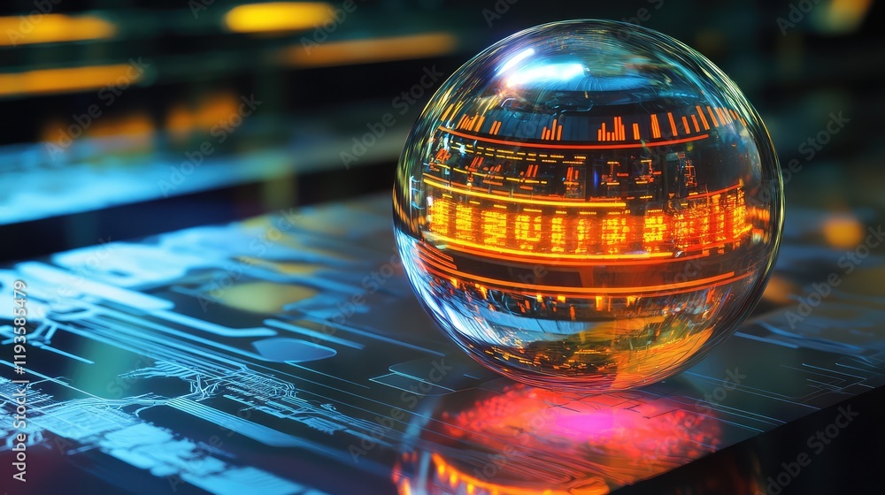 Poster high-tech computing system embedded in a transparent sphere, radiating light and energy