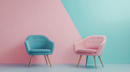 Two pastel armchairs against a pink and blue wall.