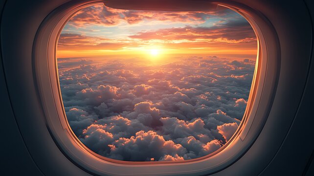 Airplane window view of a vibrant sunset over a sea of clouds.