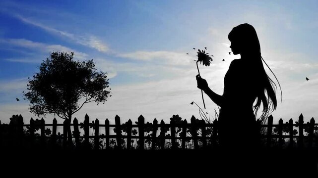 Flower Meadow Girl Tranquility Silhouette 4K Loop features a silhouette of an outdoor scene with a girl with long flowing hair holding a flower in a nature scene in a loop.
