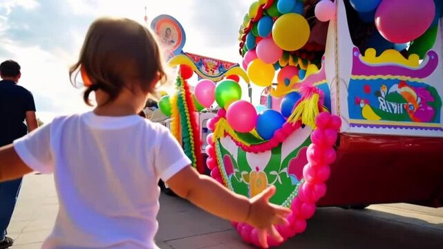 A child�s delighted reaction to seeing a colorful parade float.