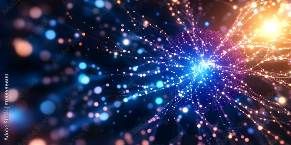 Poster a vibrant, abstract representation of interconnected nodes and sparks, resembling a network or digit