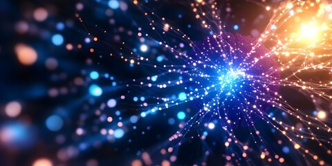 Naklejka premium A vibrant, abstract representation of interconnected nodes and sparks, resembling a network or digital universe. Concept Digital Network Visualization, Abstract Art, Interconnected Nodes