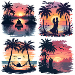Romantic Tropical Silhouette Scenes Perfect for Sunset Lovers Vector Illustration Set