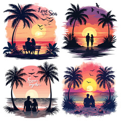 Romantic Tropical Silhouette Scenes Perfect for Sunset Lovers Vector Illustration Set
