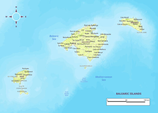 This map depicts the Balearic Islands, a Spanish archipelago in the Mediterranean Sea. The islands of Mallorca, Menorca, Ibiza, and Formentera are clearly labeled, along with various towns and cities.