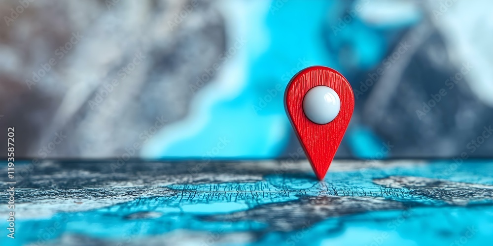 Poster a red location pin on a map, symbolizing a specific geographical point or destination. concept geogr