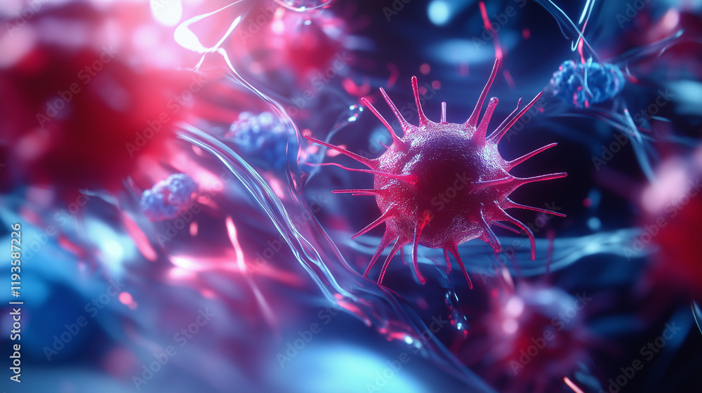 Poster visualization of red and blue viruses and bacteria in a microscopic view, representing microbiology 