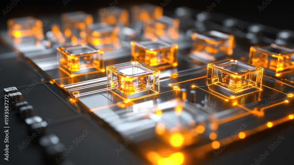 Poster high-tech quantum circuit board with transparent chips and glowing energy paths forming a complex di