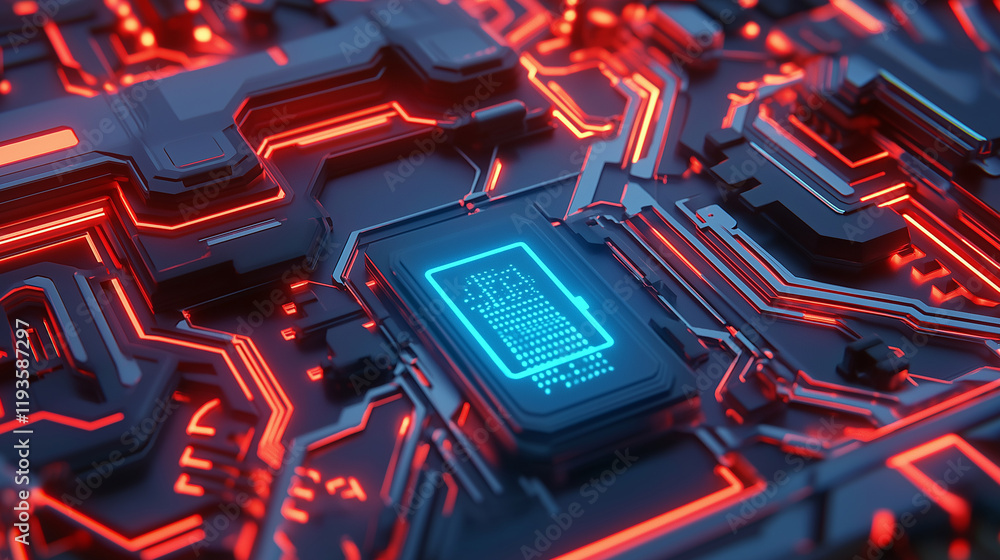 Poster close-up of a glowing computer microchip on a futuristic circuit board with blue and red neon lighti